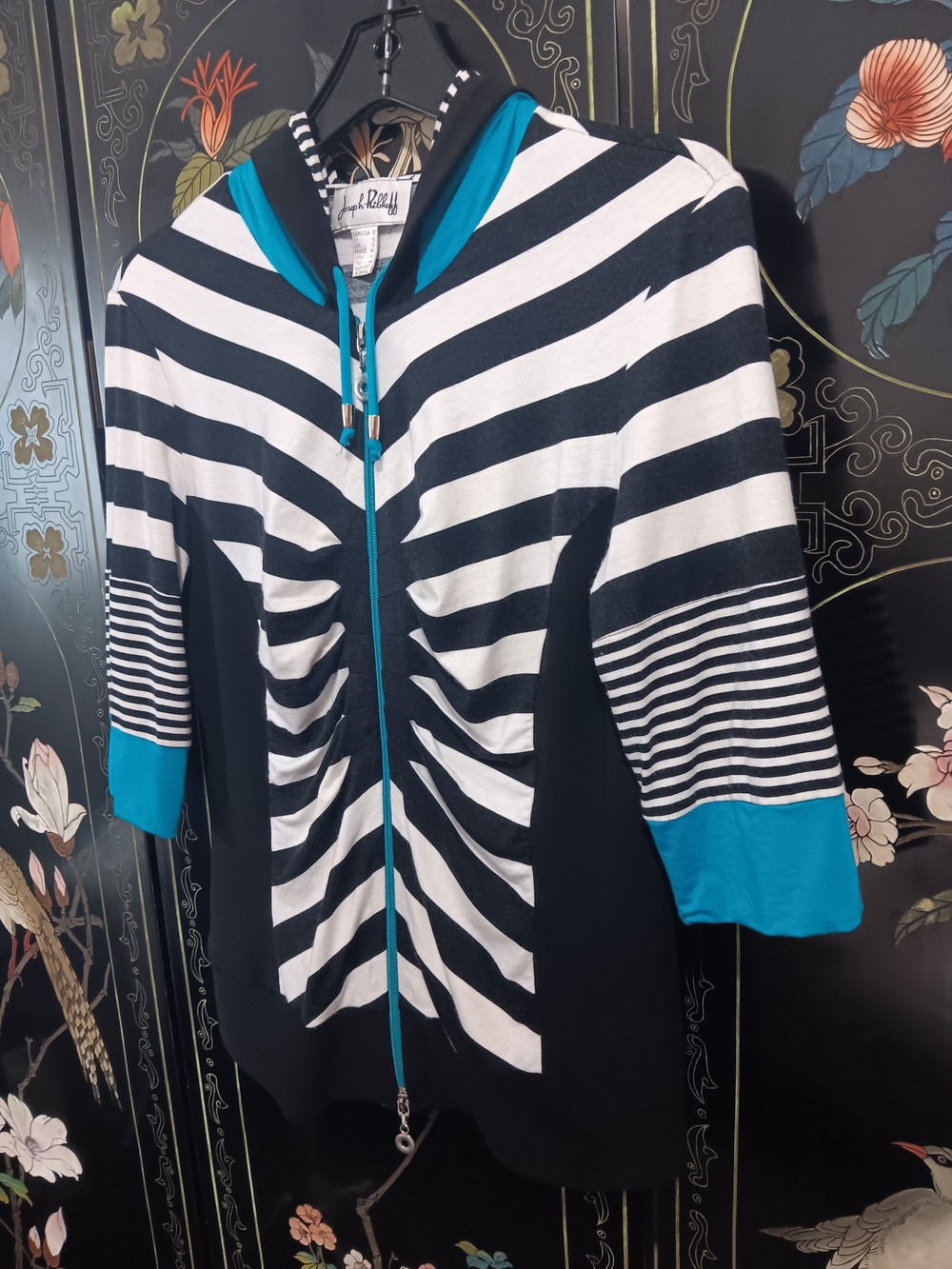Joseph Ribkoff Striped Zip Hoodie with Teal Accents - Picture 1 of 5